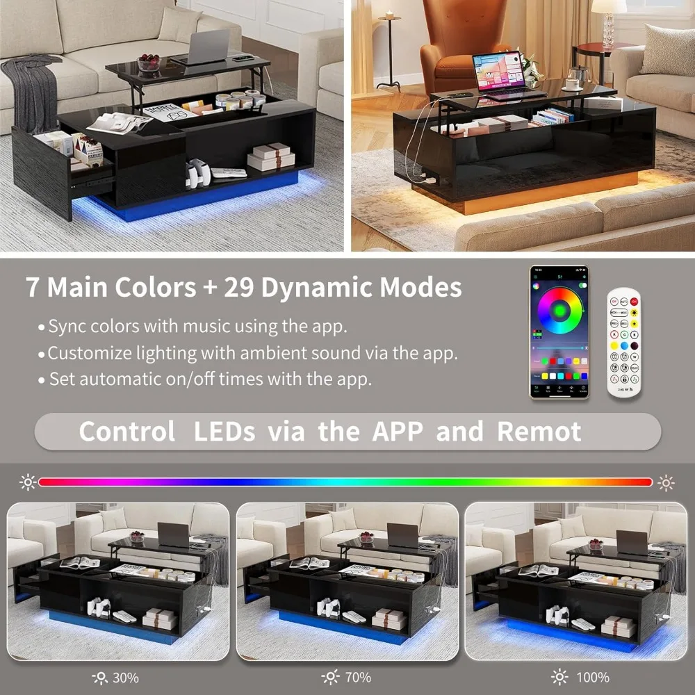 Modern LED Lift Top Coffee Table - All Black High Gloss Storage with Hidden Drawers