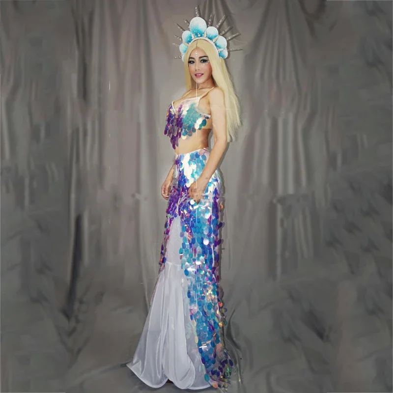 

Симфония Русалка Бюстгальтер с блестками Длинные юбки Женские костюмы для ночного клуба, бара Gogo Женская сексуальная одежда для танцев на пилоне Rave Outfit XS2249