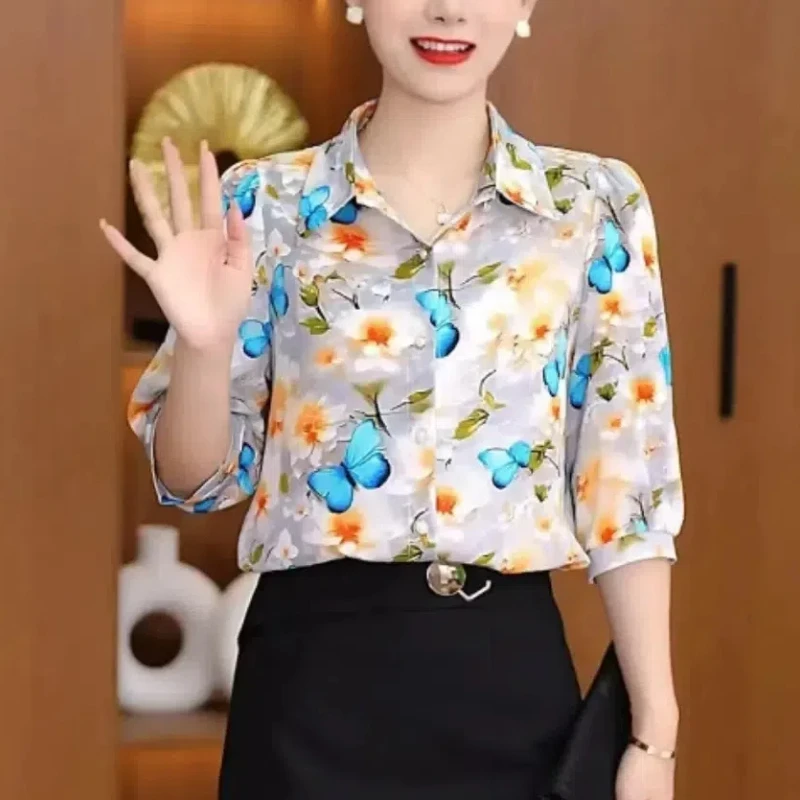 Women\'s Clothing Turn-down Collar Spring Summer Plant&Flowers Printing Half Sleeve Chiffon Button Cardigan Shirt All-match Tops