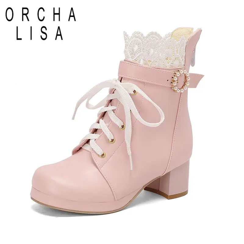 ORCHALISA Lolita Style Women Ankle Boots Round Toe Block Heels 5cm Platform Lace 31 32 46 47 48 Sweet Girls Bota