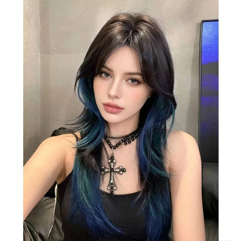 Women Synthetic Wolf Cut Wig Curtain Bangs Dark Brown Blue Green Highlight Heat Resistant Fiber Daily Cosplay Hair Wig