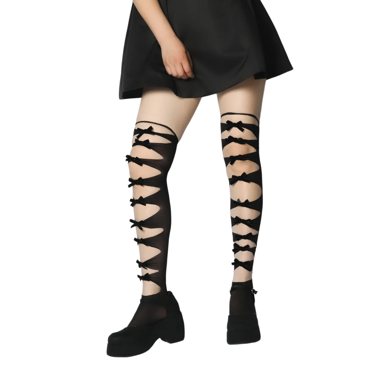 Side Bow Strappy Hollow Mesh Thigh High Socks Over‑the‑knee Cut‑out Socks for Teen Girls/Ladies Match Mini Skirts for Punk Style