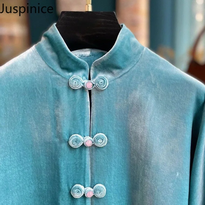 Herbst Winter neue chinesische Stil Gold Samt Button-up-Shirt Paar Stehkragen High Street lose lässige einfache Top-Jacken