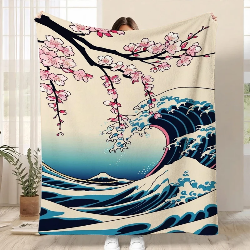 Ukiyo-e Wave Cherry Blossom Mountain Scene Flannel Blanket For Artistic Bedroom Decor Soft Warm Throw Blanket Drape