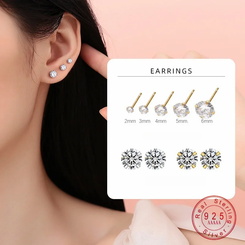 

S925 Sterling Silver Single Zircon Four Claw Earrings 2/2.5/3/4/5/6MM Minimalist Ear Hole for Men Women Ear Bone Nails