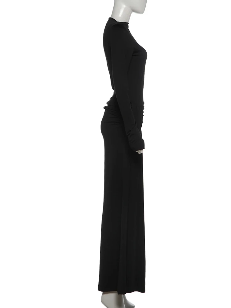 Weird Puss Elegantes Kleid mit Raffungen für Damen, Herbst-Trend, O-Ausschnitt, lange Ärmel, tailliert, figurbetont, Stretch, lässiger Alltagsstil, langes Bodycon-Kleid – Detail 4