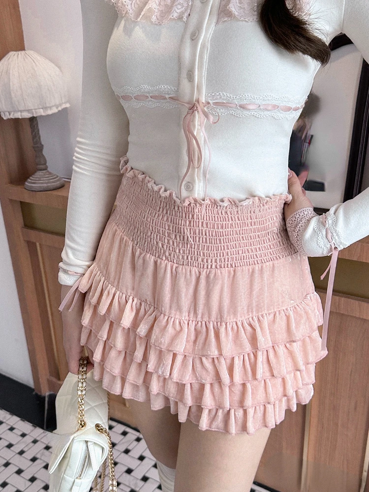 Japanese Kawaii Lolita Two Piece Set Women Summer Sweet Cute Cake Skirt Suit Female Lace Elegant Blouse + Korean Mini Skirt 2023