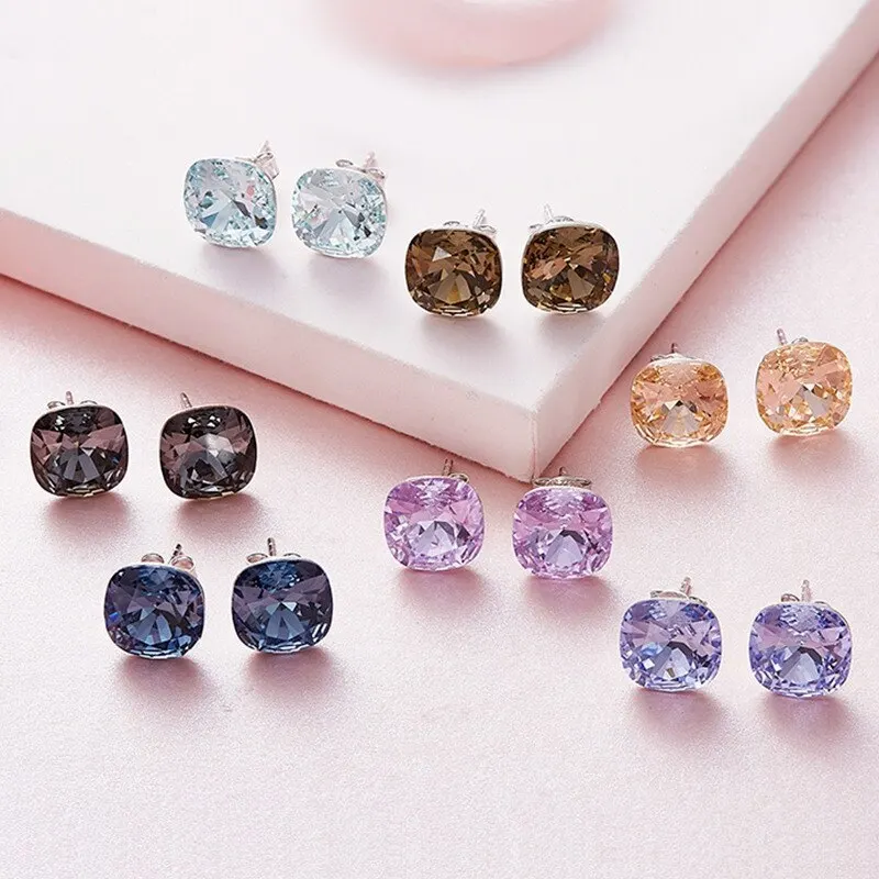 Silver Square Stud Earring Embellished with Crystals Minimalist Earrings Women Jewelry