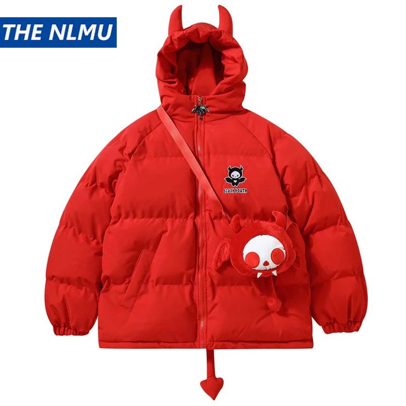 Devil Horn Hooded Jacket Parka with Bag 2023 Winter Streetwear Thick Warm Bubble Padded Coats Harajuku Casual Puffer Jackets