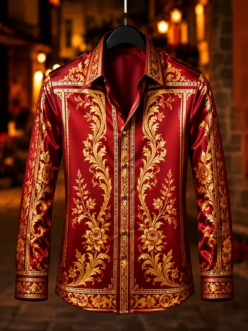 New men's spliced long sleeved shirt with rose floral stripes and 3D printed pattern casual collar top clothing