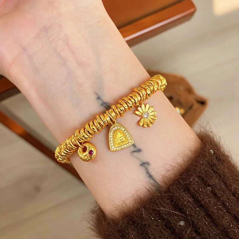 9999 24K Real Gold Hammer Pattern Small Gold Lump Bracelet for Women Daisy Triangle God of Wealth Pendant Light Luxury Ethnic