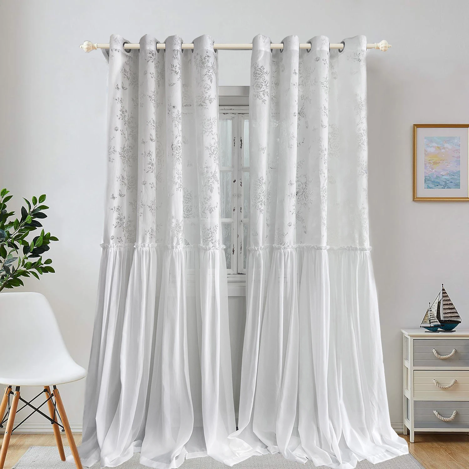 

1PC White Butterfly Flower Lace Sheer Curtain for Living Room Stitching Voile Window Drape Balcony Home Decoration#E