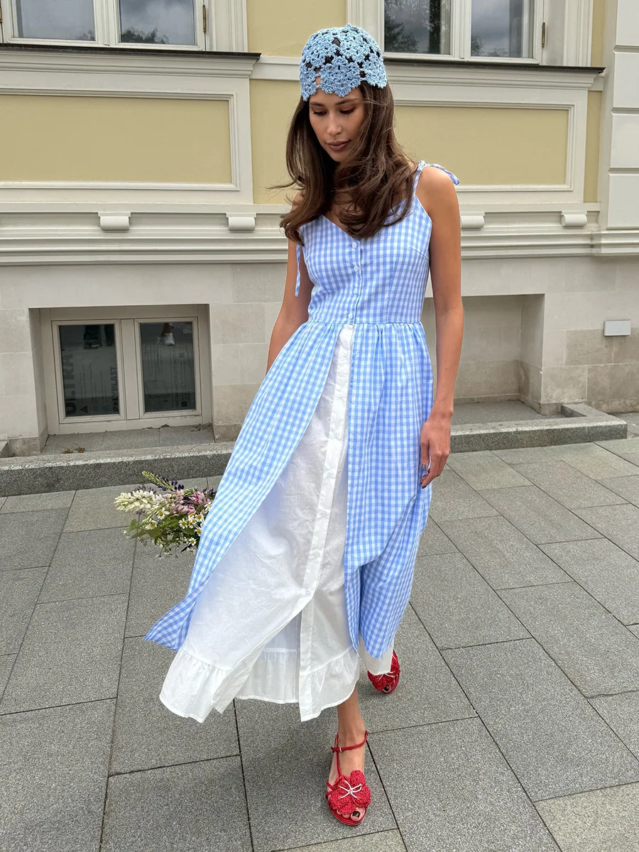 Bornladies Damen-Sommerkleid 2026, neues blaues kariertes Kleid, frischer Urlaubsstil, gespleißtes ärmelloses Kleid