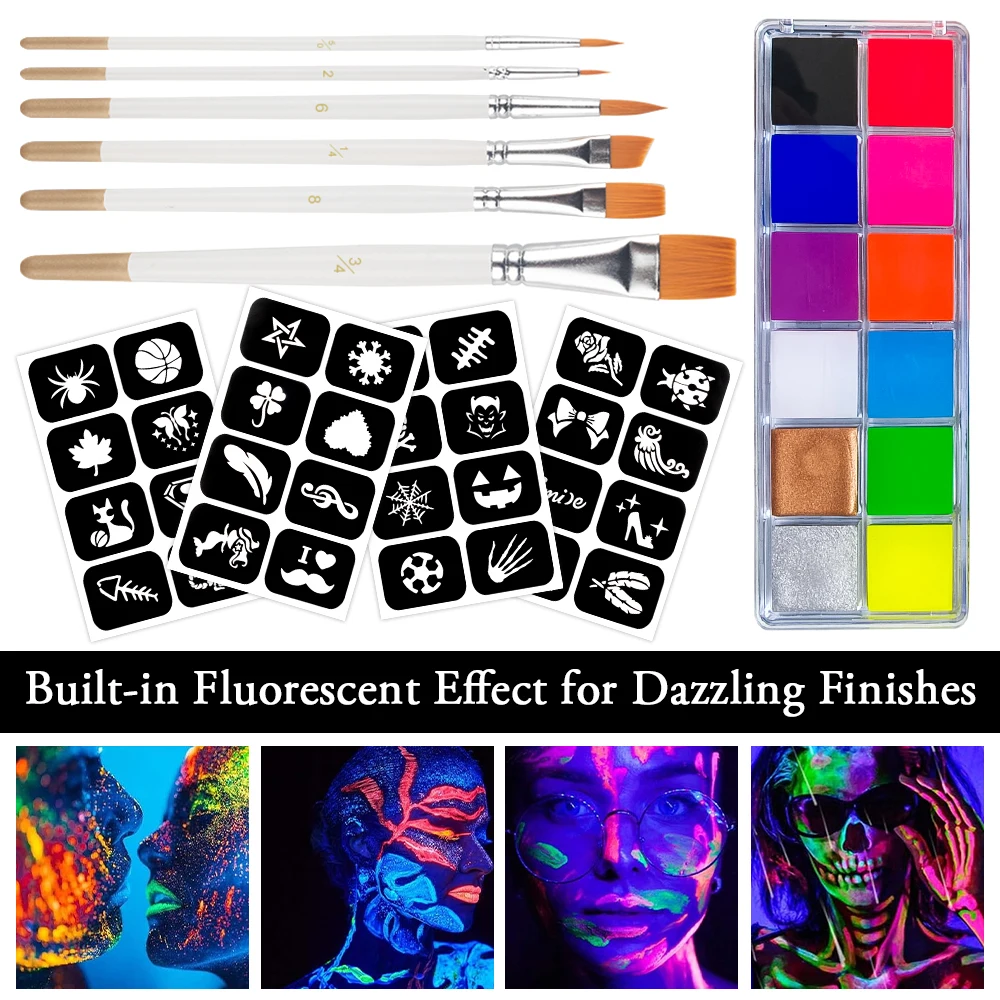 12 Colors UV Glow Face Body Paint Kit with 6 Brushes & 4 Sheets Stencils,Neon Fluorescent Water-Based Makeup Palette Halloween