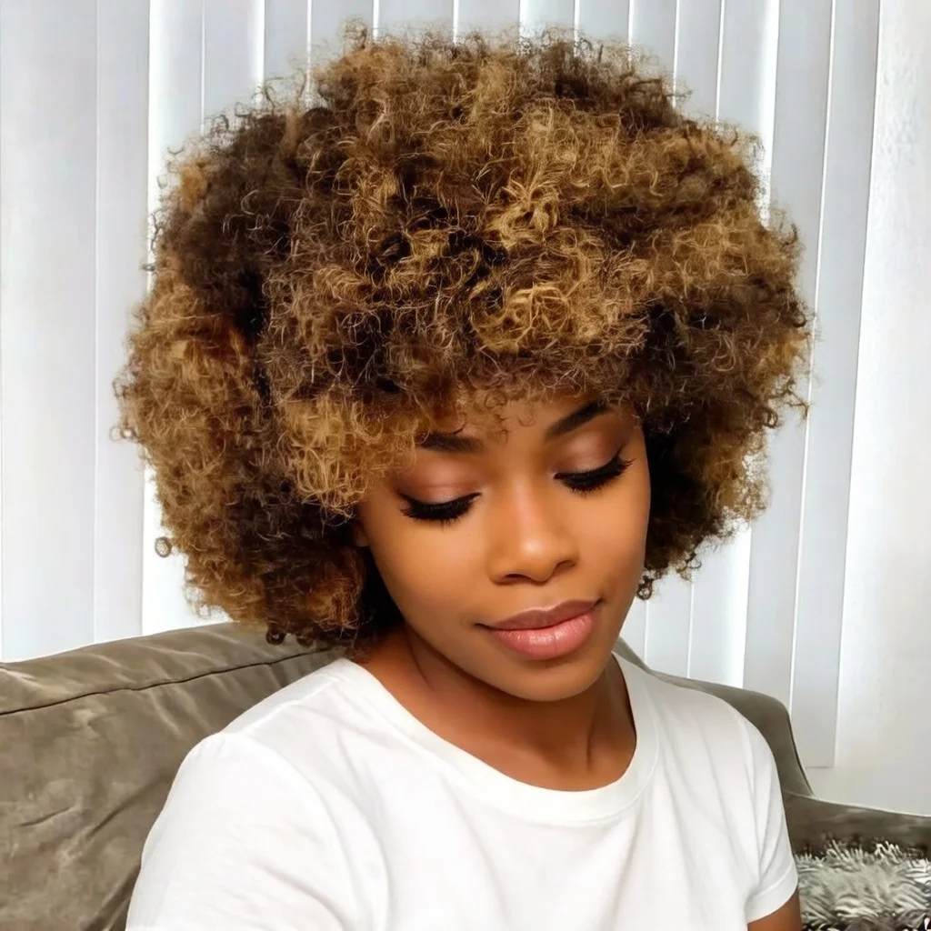 

P427 Short Bob Human Hair Wig 8 Inches Afro Kinky Curl with Bangs Full Machine Made Wigs for Women