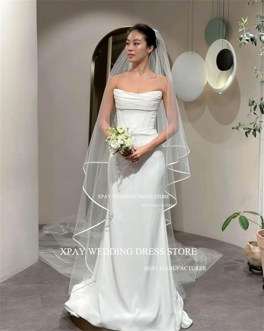 Xpay elegante Satin Meerjungfrau Korea Brautkleider ärmellose rücken freie Brautkleid Fotos schießen offen zurück Korsett Brautkleid