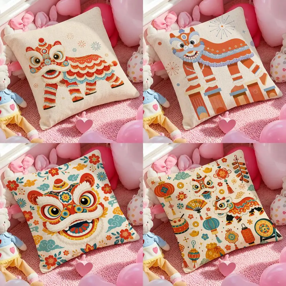 Art Shining Oriental Festive Lion Cushion Cover Pink Linen Texture Cushion Cover Double Sided Invisible Zipper Deco