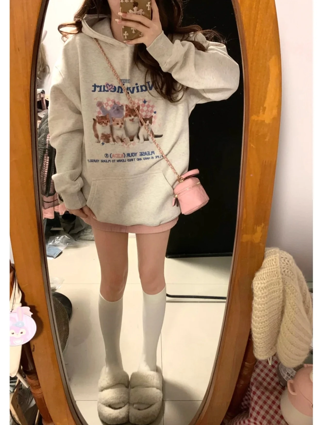 American Retro Kawaii Cat Print Hoodies Women Sweet Cute Aesthetic Animal Sweatshirt Thicken Fleece Winter Casual Harajuku Tops