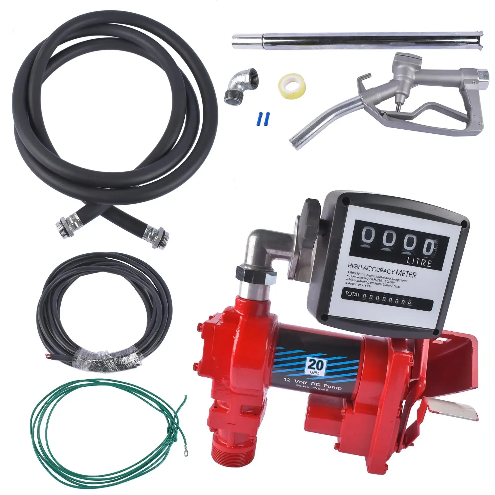 AP03 Red Fuel Transfer Pump 20GPM 12V for Gasoline Diesel + Oil Meter w/Flange Elbow