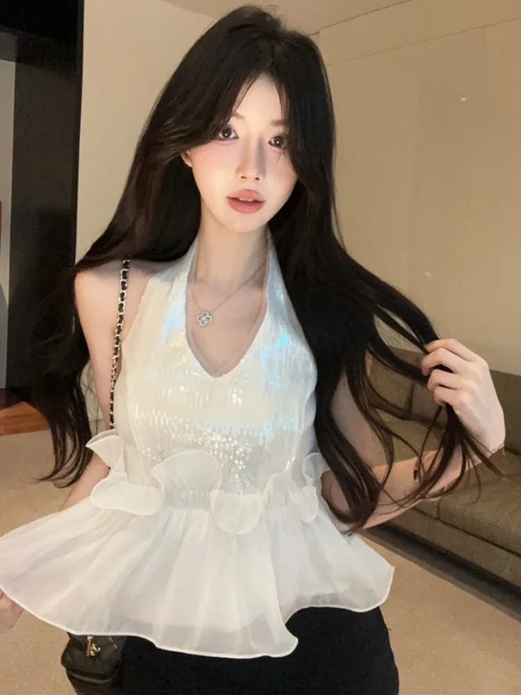 

Spicy Girl Design Sequin Detailing Neck Hanging Vest Top Women Summer Slim Splice Chiffon Blouse Fashion Citywalk Style