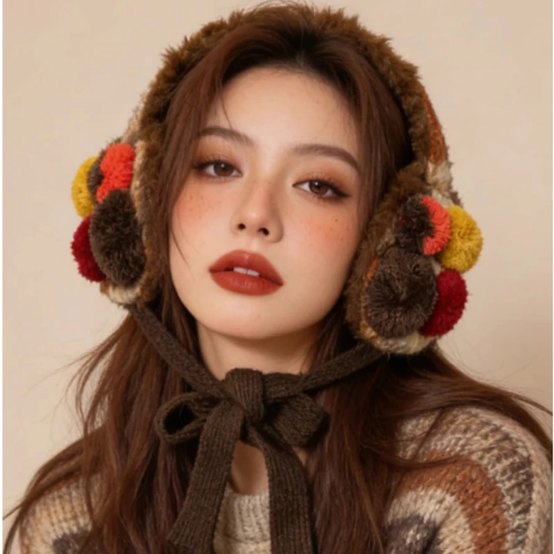 Korean Version of Fashion Color Furball Design Warm Earmuffs Autumn and Winter  Mixed Color Ear Protection Lace-up Headband