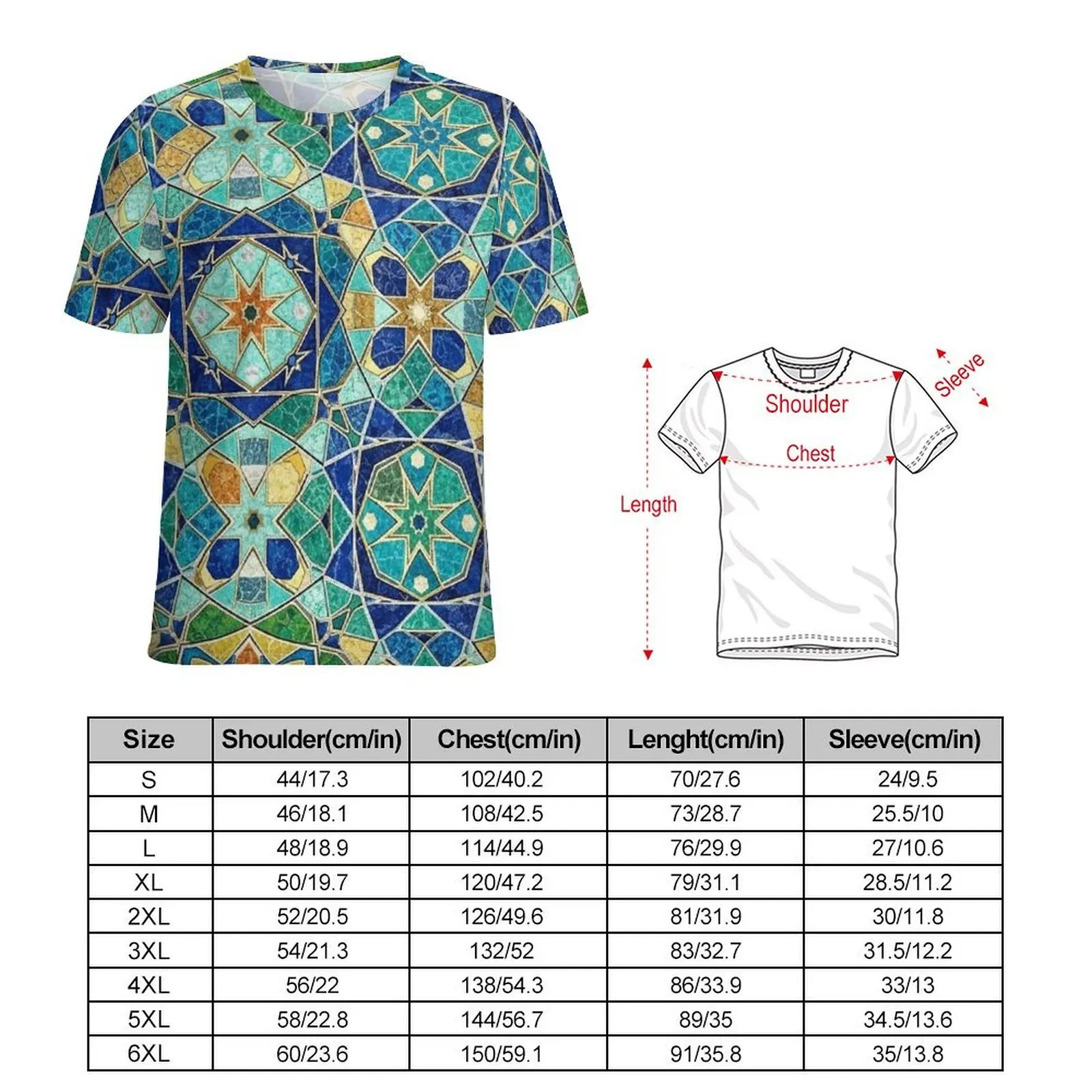 Vintage Multicolor Islamic Star Tile T-Shirt Hip Hop T-Shirts Man Basic Tee Shirt Summer Short-Sleeve Graphic Clothing Plus Size