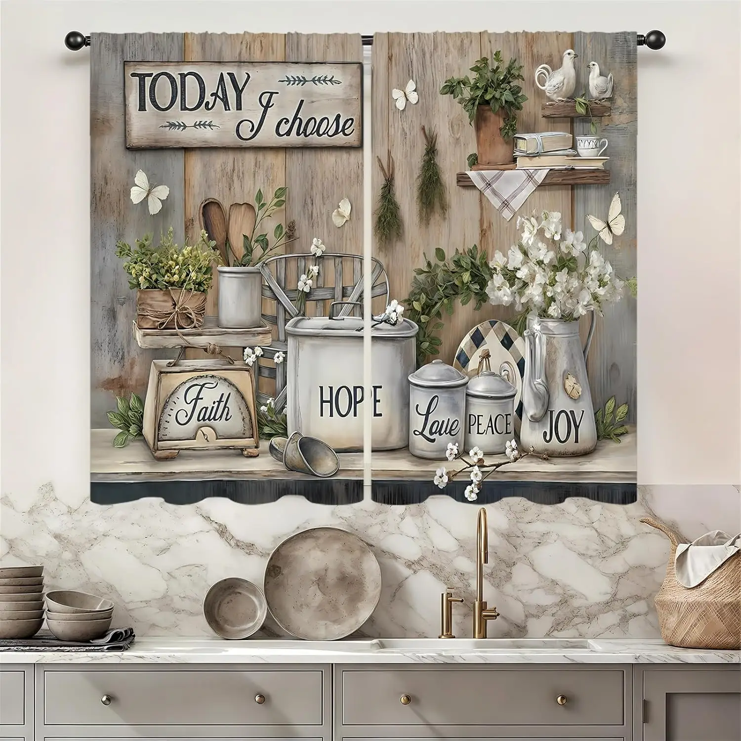Farmhouse Kitchen Curtains Faith Hope Love Quote Print Rustic Wood Floral Window Decor