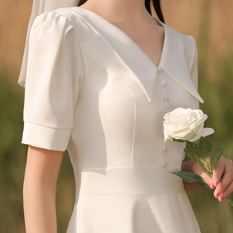 Abiti da sposa in raso bianco per la sposa da sera formale elegante sexy con scollo a V francese stile semplice abito estivo da fata da donna