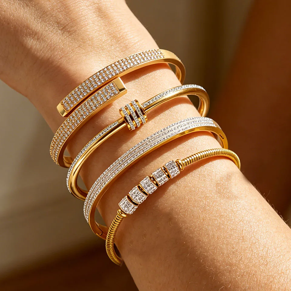 ZAKOL 4pc Gold Color Micropaved Zirconia Decorated Stainless Steel Bracelets Fashion Non-fading Jewelry Wholesale