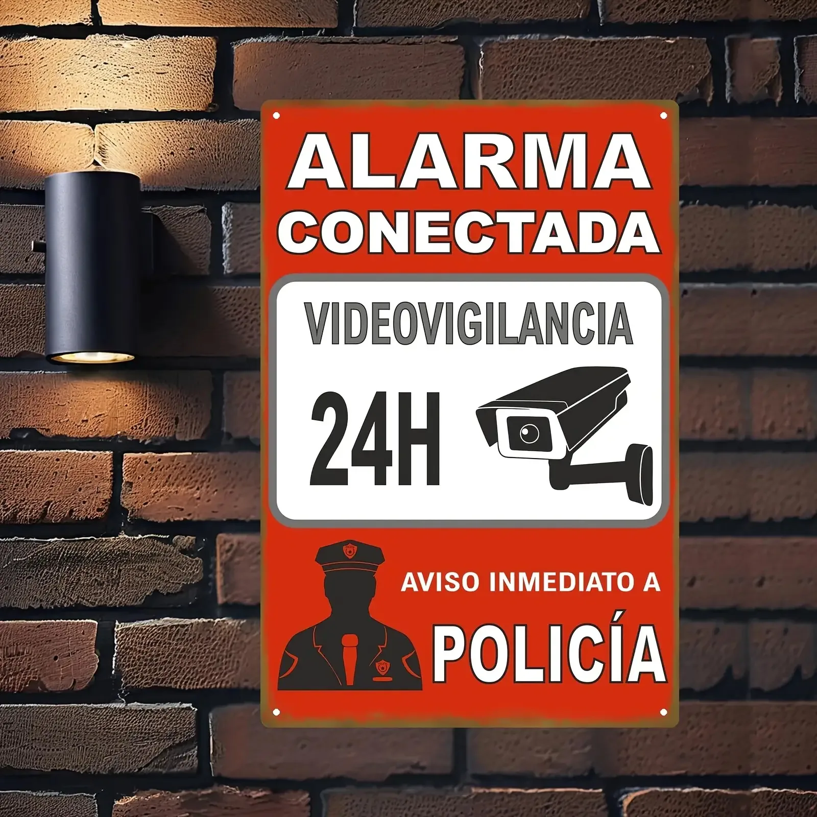 20x30cm Spanish Security Alarm Sign - 24-Hour Surveillance With Video Surveillance, Red Background & White Icon, Metal Iron W