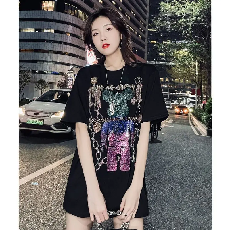 Summer  T-Shirt Women\'s Rhinestones Shirts Cartoon Top  New Pullover Korean Y2K Top KPop Clothes Shirts Women