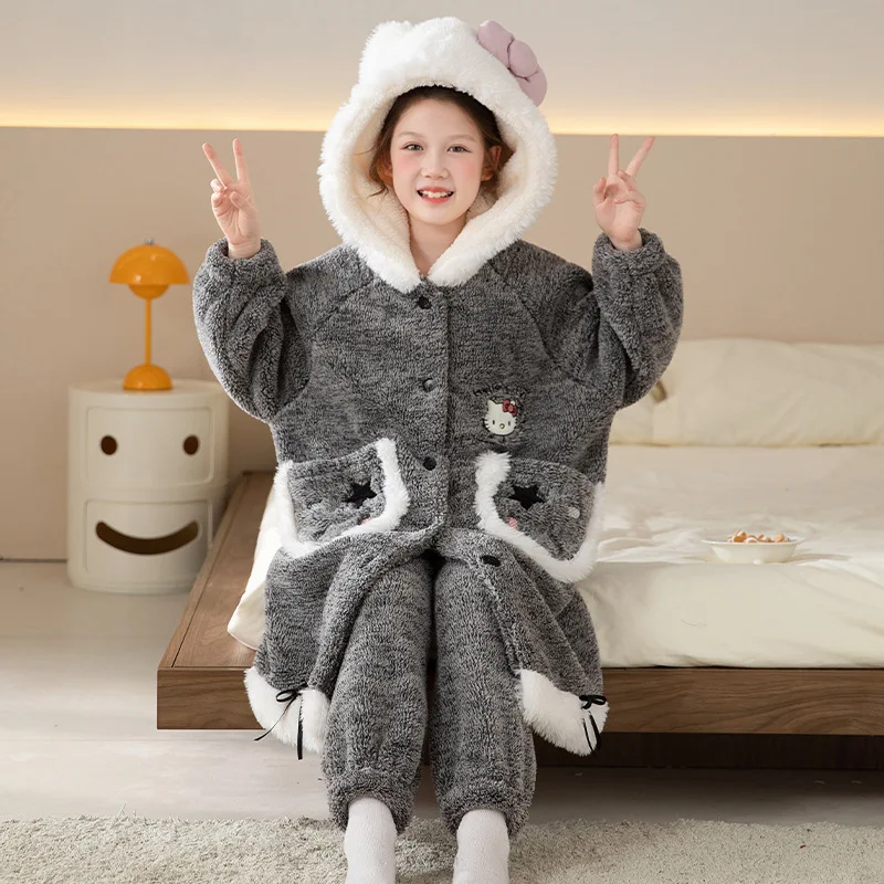 

2Pcs Hello Kitty Kawaii Parent-Child Plush Pajamas Kawaii Winter New Cartoon Anime Grey Long Style Hooded Thicken Warm Homewear