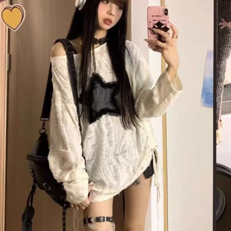 Gothic Y2k Grunge Vintage Hole T-shirt Women Long Sleeve Lazy Star Print Streetwear Off-shoulder Tops Harajuku Loose Tees New