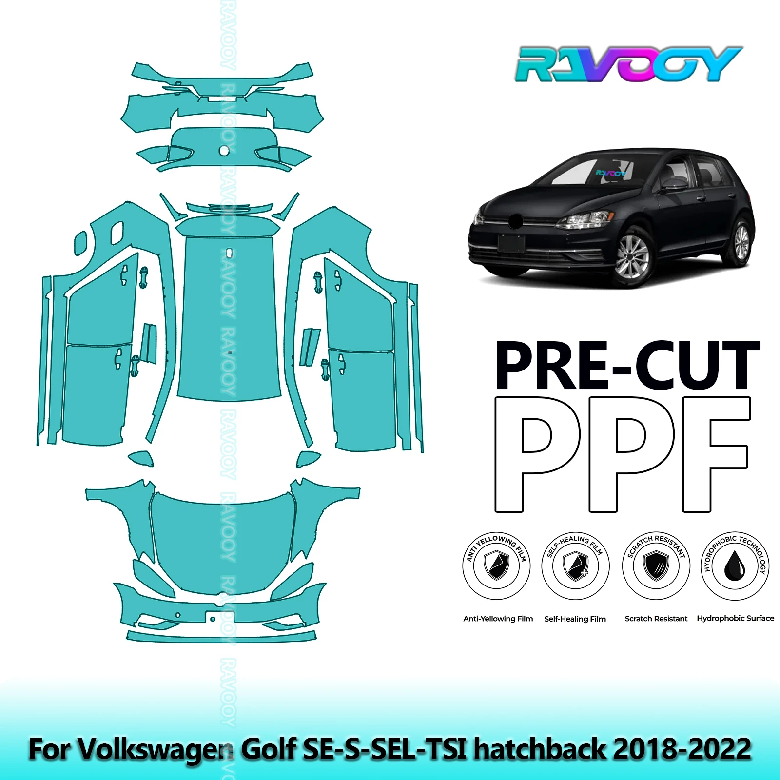 RAVOOY Custom-Fit Precut TPU PPF Full Vehicle Clear Bra Stone Guard EU UK For Volkswagen Golf SE-S-SEL-TSI hatchback 2018-2022