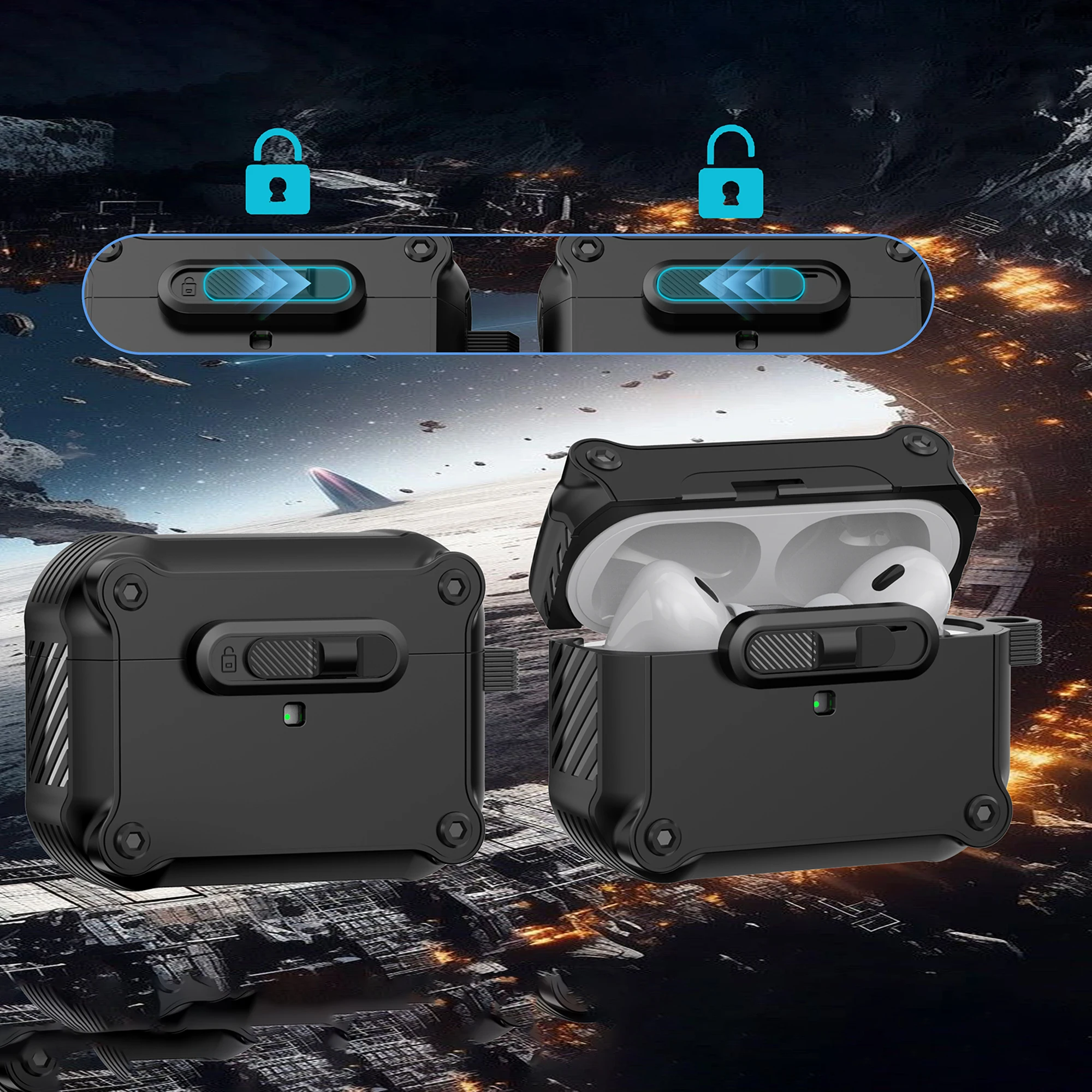 Pour AirPods Pro 2 Étui TPU + PC Housse pour écouteurs avec mousqueton à verrouillage avant - Noir