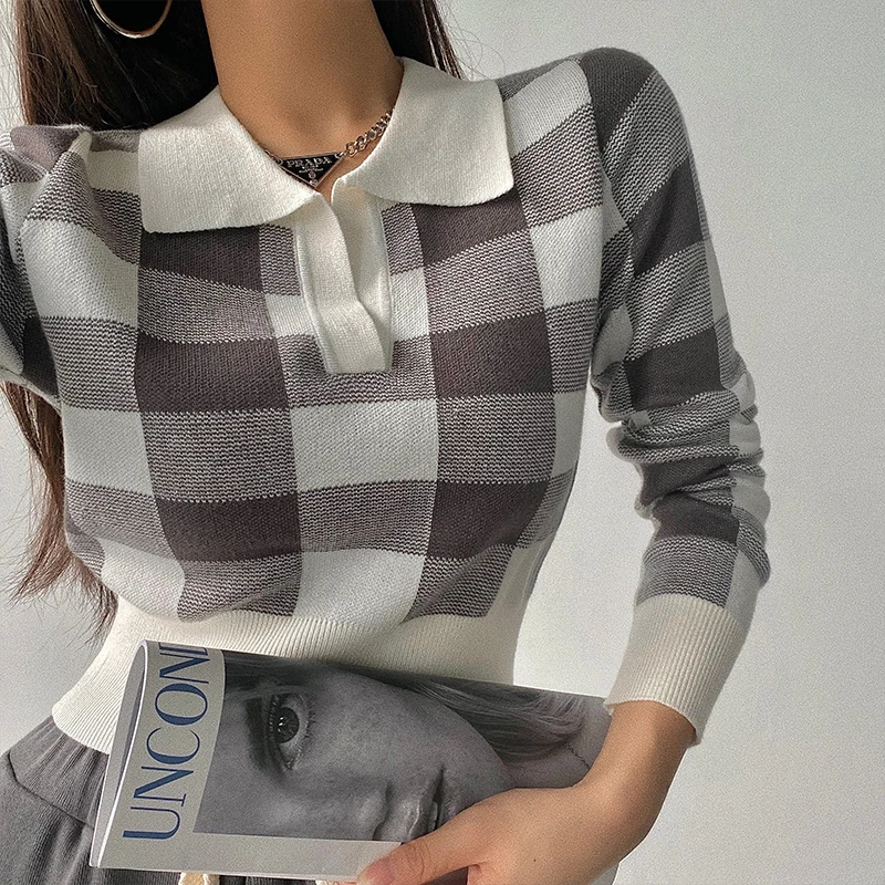 Plaid Lapel Short Knit Pullovers Women Spring Fall American Casual Slim Long Sleeve Sweaters Tops 4 Colors