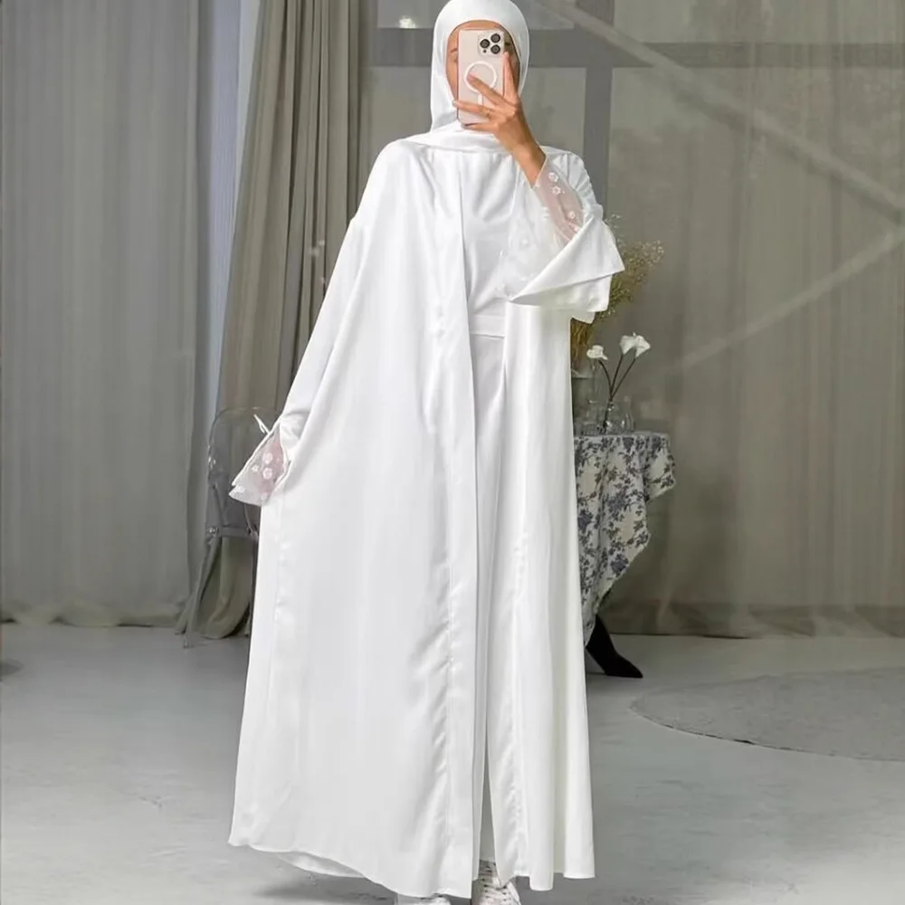 

Ид женское мусульманское атласное одинаковое платье 2 шт. кимоно кардиган Kebaya кафтан марокаин Femme Musulmane ансамбли ислам Джалабия Абая