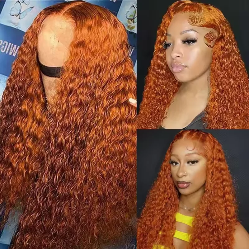 13x5 220 Density Transparent HD Lace Front Wig for Women Deep Wave Remy Human Hair Ginger Orange 350# Loose Curly Pre Plucked