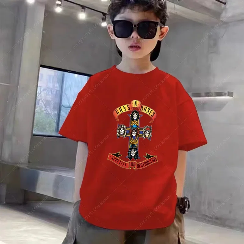 Size3T-14T Kids Rock Band Gun N Roses Print T Shirt Children Summer White Tops Boys and Girls Fashion Casual Child T-shirt Tops