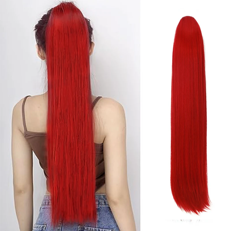 Coleta recta con cordón de 30 pulgadas, postizo de fibra sintética, extensión de cabello de cola de caballo Natural, Color Rojo