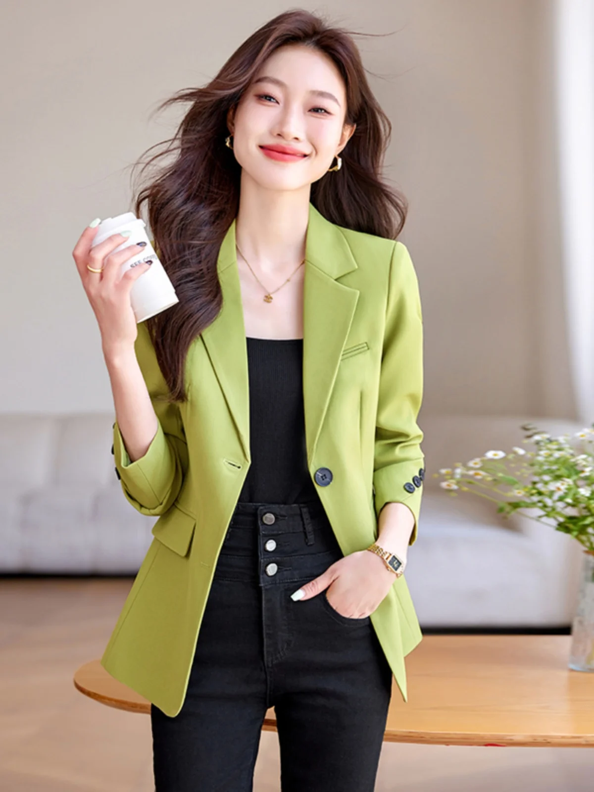 

Женский повседневный укороченный пиджак Ele, весна-осень 2025, новинка, высококачественный модный полиэстеровый пиджак с длинным рукавом на одной пуговице