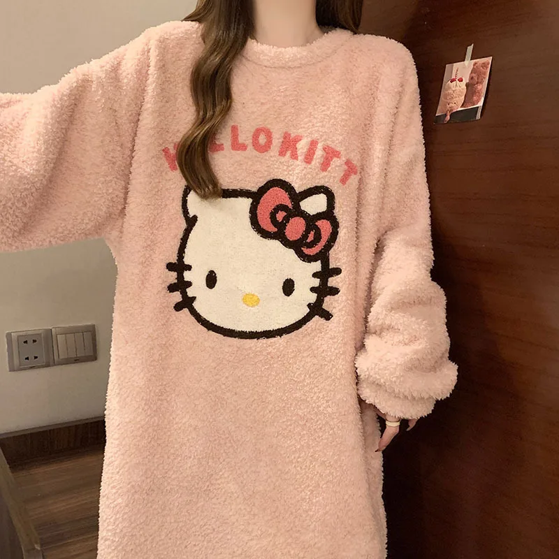 Sanrio Hello Kitty Cartoon Pink Crew Neck Pullover Long Women's Pajamas Winter Thickened Long Sleeves Soft Plush Pajamas