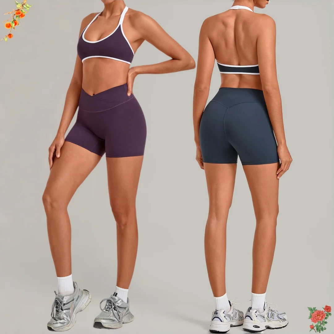 New Women's Yoga Set High Waist Peach Hip Naked Tight Neck Bra Sports Shorts Fitness Suit Pilates Running Workout Gym Yoga Set