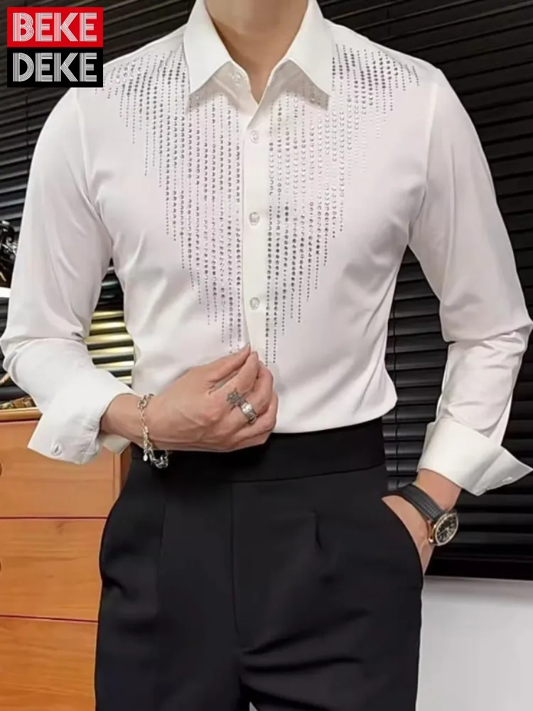 

New Meteor Diamond Design Slim Fit Men Stage Shirts Long Sleeve Turndown Collar Dance Shirts Single Breasted Party Banquet Tops