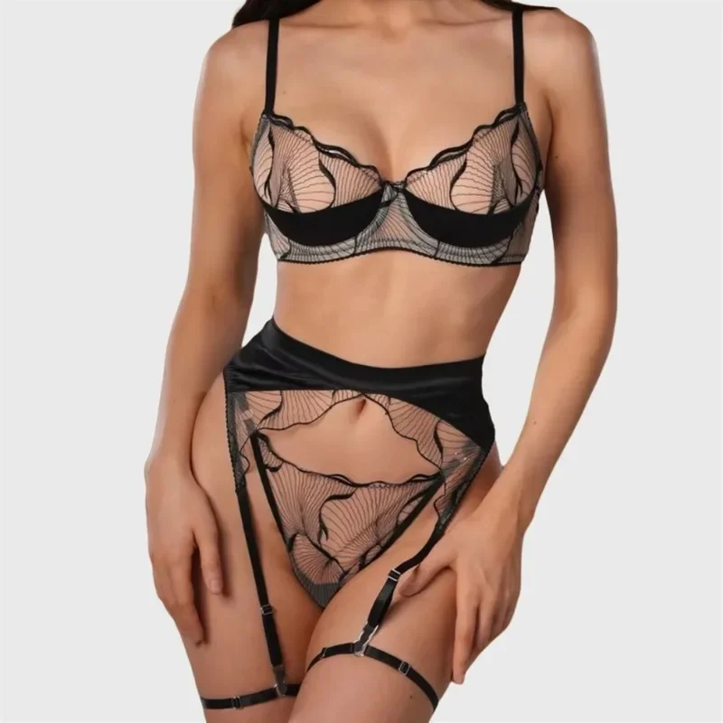 Elegant Women's Lingerie Sets French Lace Satin Patchwork Bra Belt Thong Leg Straps Premium Tempted Sensual Intimates