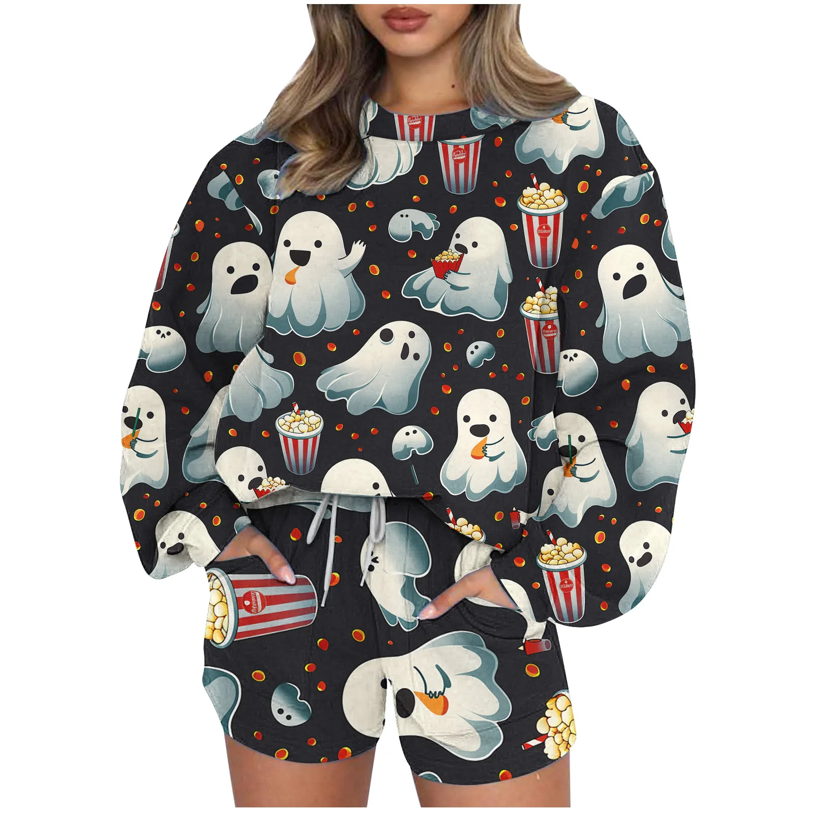 Moda Bluza z długim rękawem Spodenki Halloween Print Zestawy Kobieta Jesień i zima O-neck Sportowy sweter 2-częściowy zestaw dla kobiet