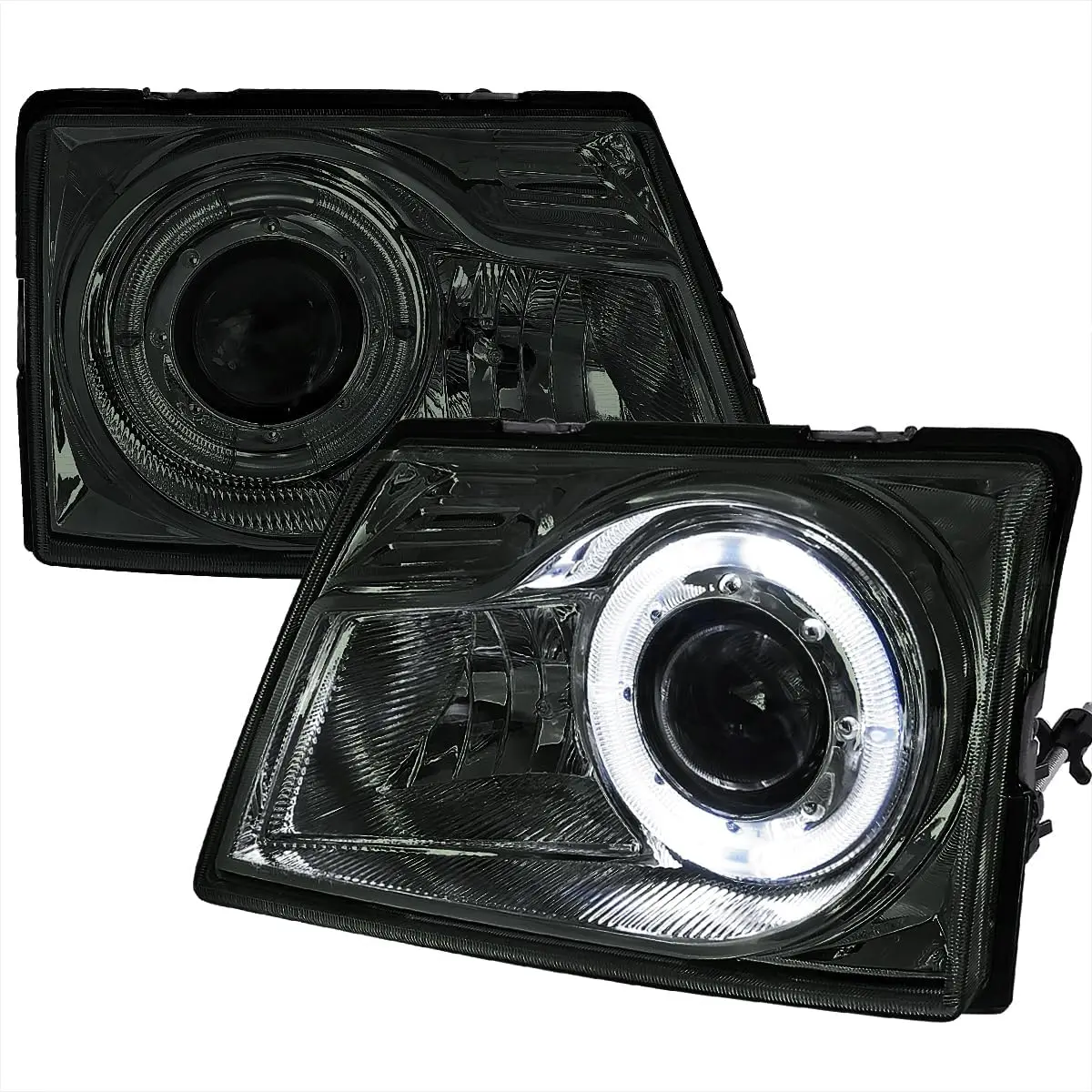 

Smoke Lens Projector Headlights W/Halo Ring Compatible with 1998-2000 Ford Ranger, Left + Right Pair Headlamps Assembly