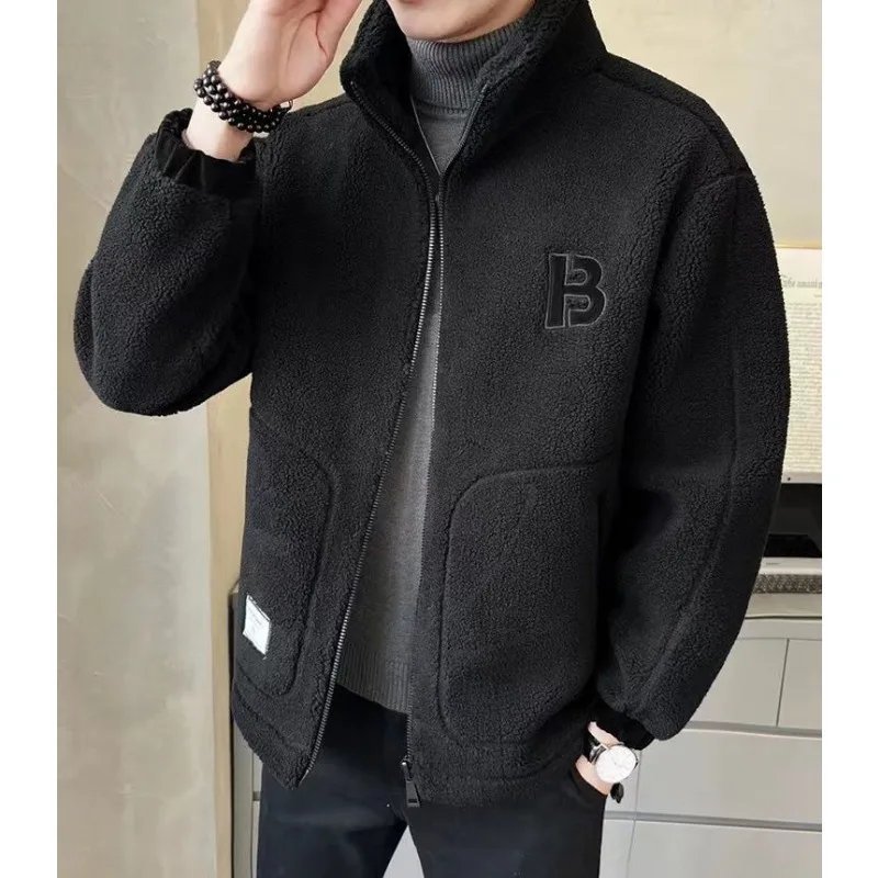 Male Lamb Wool Cotton Coat with Thick Wool Jackets Solid Simple Autumn Winter Motorcycle Clothing Men\'s Casual Clothes