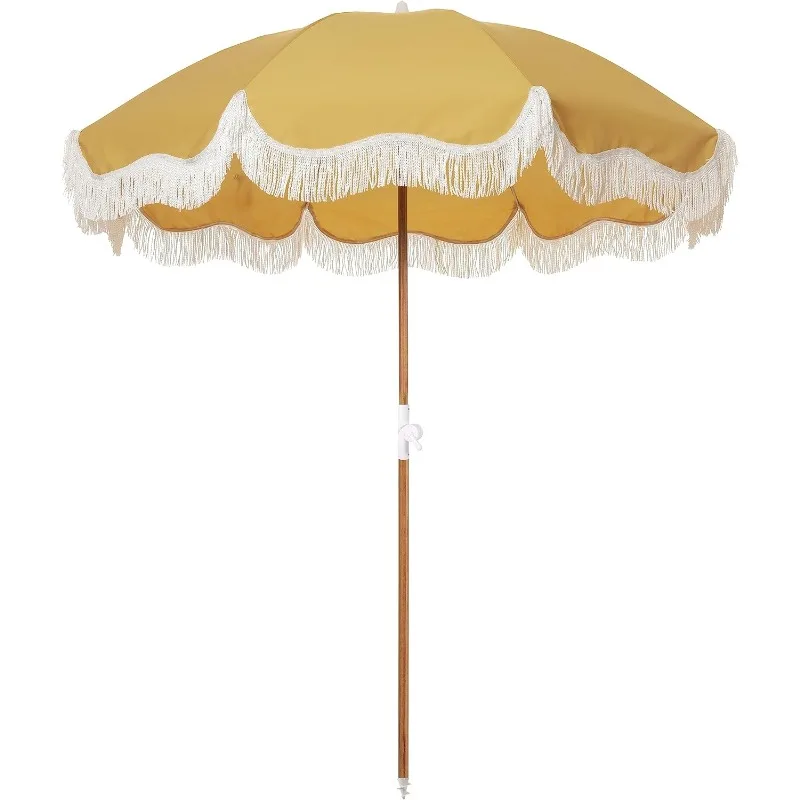 

Business & Pleasure Co. Holiday Umbrella - Boho Beach Umbrella with White Fringe, 1" Tilting Wood Pole, Navy Crew