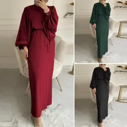 Solid Color Long Sleeve Casual Muslim Dress Abaya Dress Modest Elegant Middle East Long Dress